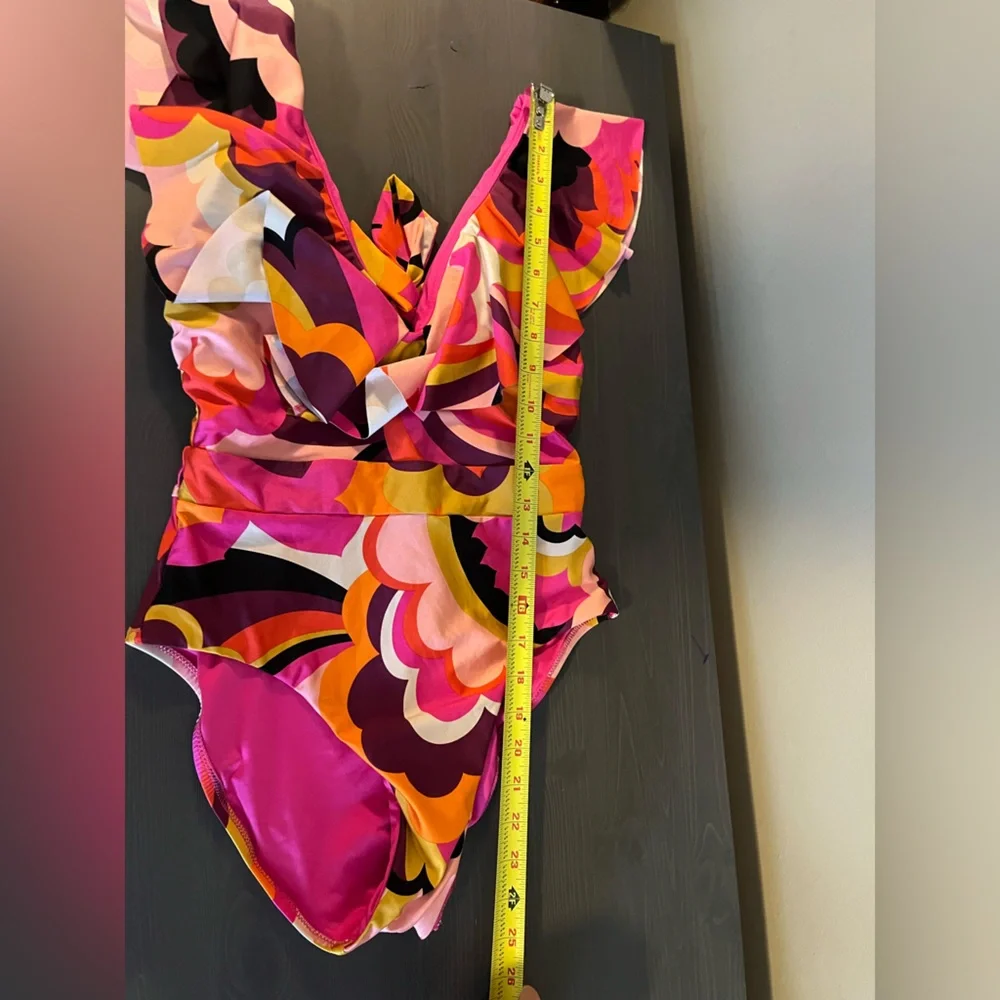 Ruffle V-Neck One-Piece Swimsuit in Multi Pink-Orange Print